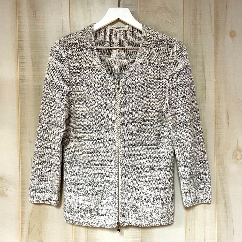 Amina Rubinacci Napoli Italian Gray White Knit Zipper Cardigan Pockets Sz 46 (M)